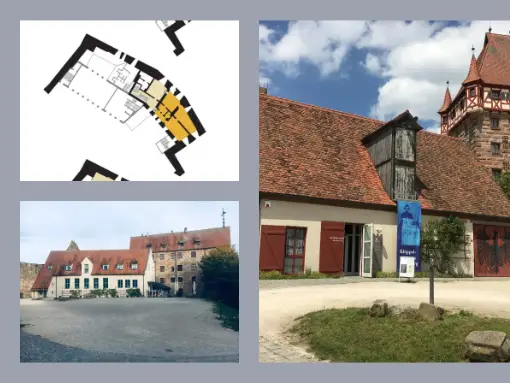 Dreiteilige Darstellung: Lageplan, Kirchenfoto und Entwurfszeichnung